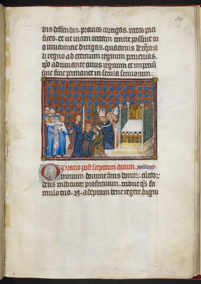 Cotton Tiberius B. VIII f.58r 国王接受权杖和virga（"Main de la Justice"），选自 "法国国王查理五世加冕簿"。 作者 查理五世加冕簿的主人