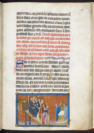 Cotton Tiberius B. VIII f.63r 法国的贵族们带领国王登上王座，选自《法国国王查理五世加冕簿 作者 查理五世加冕簿的主人