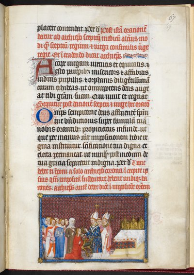 Cotton Tiberius B. VIII f.69r 王后接受权杖和virga，选自《法国国王查理五世加冕簿 作者 查理五世加冕簿的主人