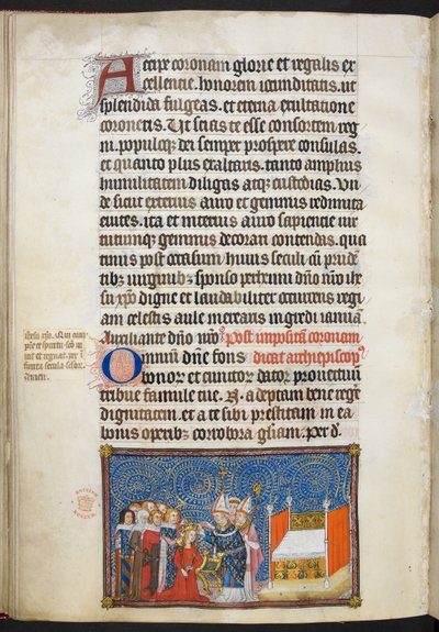 Cotton Tiberius B. VIII f.69v 兰斯大主教将王冠戴在王后头上，男爵们为王后加冕，插图选自 "法国国王查理五世加冕簿"。 作者 查理五世加冕簿的主人
