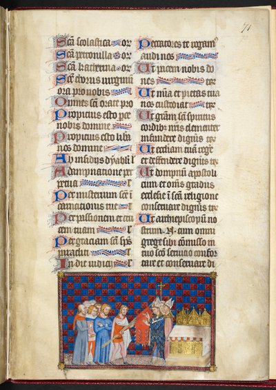 Cotton Tiberius B. VIII f.73r，兰斯大主教祝福 Oriflamme，《法国国王查理五世加冕簿》插图 作者 查理五世加冕簿的主人