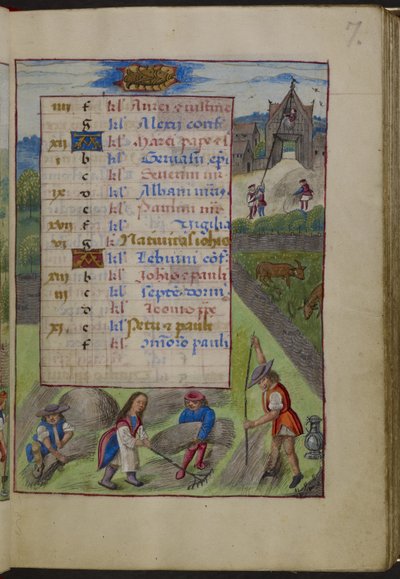 添加 MS 18852 f.7r 六月日历页。顶部为巨蟹座，选自约 1496-1506 年《卡斯蒂利亚的乔安娜的小时》（牛皮纸） 作者 大卫场景大师