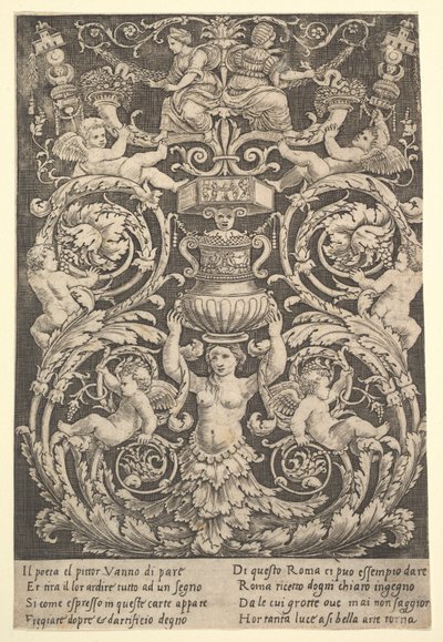 一块装饰板，中间是一个拿着花瓶的女人，1532年。 作者 死神大师