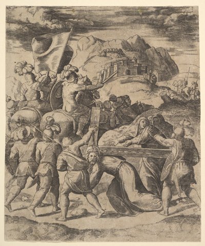 基督背着十字架被士兵包围，其中有几个骑马的，1530-60。 作者 死神大师