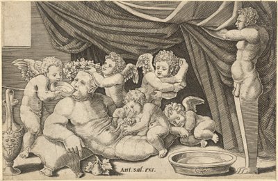 Speculum Romanae Magnificentiae：Bacchus被Putti包围，Priapus手持...，16世纪。 作者 死神大师