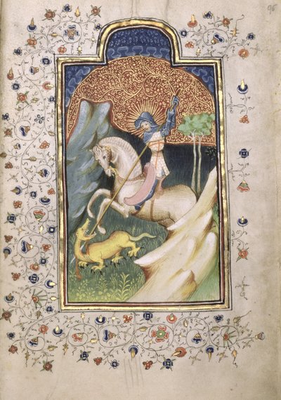 圣乔治战斗龙，1420-30（羊皮纸上的蛋彩画和黄金） 作者 绣花大师