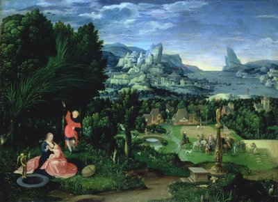 飞往埃及的飞机休息，由Joachim Patinir绘制的风景画（1515-25）（小组） 作者 女性半身大师
