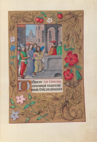西班牙天主教女王伊莎贝拉的小时：  Fol.63r，基督在彼拉多面前 作者 马克西米利安第一本祈祷书的硕士