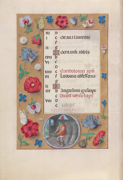 西班牙天主教女王伊莎贝拉的小时：  Fol.9v, 八月 作者 马克西米利安第一本祈祷书的硕士