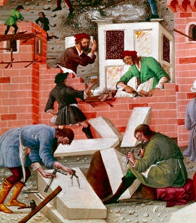 Construction of the city of Rome, detail. The workers are active in the task: Macons, Stonemasons, bearers, marble (marble) and cement (preparing cement) at work. Miniature in “” Romuleon. Rome””” written by Benevenutus de Rambaldis (1338? -1390) and enlum 作者 无辜者三世弥撒大师