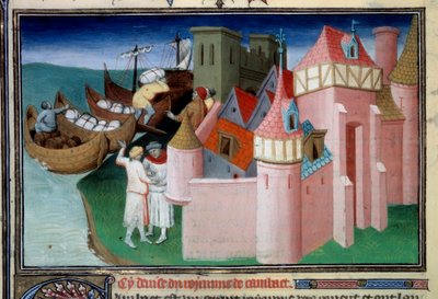 Unloading of balls in the city of Khambhat, India. Miniature in “” The Book of Wonders”” (“” Devisement du monde”, “” Il Milione”) Ms2810, Folio 86v. Manuscript enlubed by the Master of Mazarine and written by Marco Polo (1254-1324), ca. 1410-1412. BN, Par 作者 玛扎琳大师