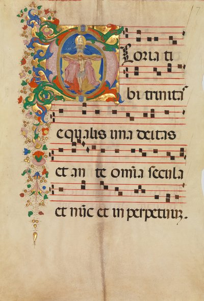 三位一体的首字母G的手稿叶子，来自15世纪下半叶的Antiphonary。 作者 Riccardiana Lactantius 的主人
