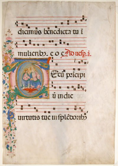带有三位一体首字母T的手稿叶子，来自15世纪下半叶的Antiphonary。 作者 Riccardiana Lactantius 的主人