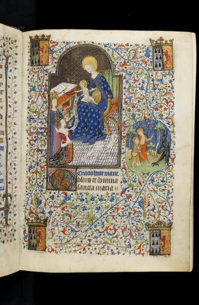 MS 62 f.20r，圣凯瑟琳将布列塔尼的伊莎贝尔赠送给处女和儿童，来自为伊莎贝尔斯图尔特写的法国人Horae，弗朗西斯一世，布列塔尼公爵的妻子，c.1445-50 作者 罗汉时光大师