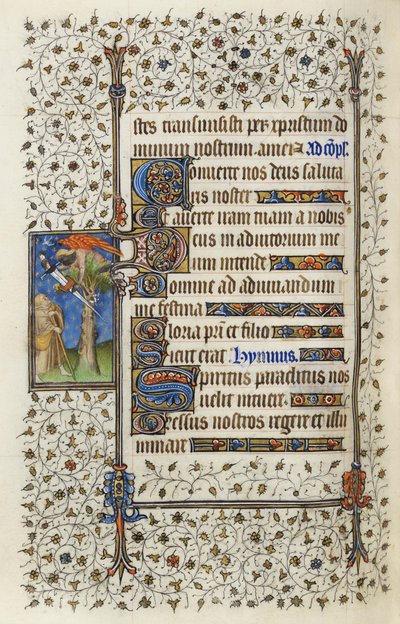 女士62 f.132v在Guillaume de Deguilleville的1350年，1417年（羊皮纸上的墨水和金箔）的“圣灵的时间”中用剑刺穿的树梢上的有翅膀的人物 作者 Master of the Rohan Hours