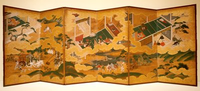 《源氏物语》，c.1650（纸本水墨、彩色和金叶，六折屏风） 作者 岩佐又兵卫