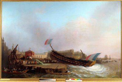 拿破仑一世（1769-1821）和女皇，在威斯特伐利亚国王和王后的簇拥下，出席了1810年5月2日在安特卫普兵工厂举行的 "弗里德兰 "号80门炮的下水仪式。马蒂厄-伊尼亚斯的画作 作者 马修·伊格纳斯·范·布里