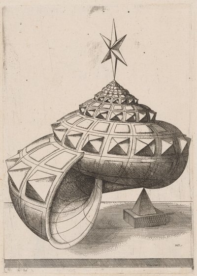 在金字塔上平衡的面状蜗牛壳的透视图 作者 Mathis Zündt，仿照 Hans Lencker