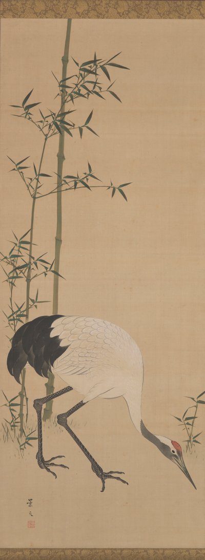 鹤、竹、松，江户时代（丝绸上的水墨颜料） 作者 松村庆文