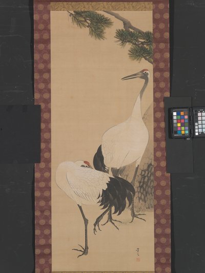 鹤、竹、松，江户时代（绢本水墨画） 作者 松村庆文