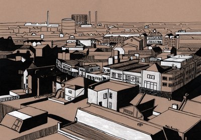 克罗伊登风景，2016 年（木板上的丙烯酸墨水） 作者 马特·班尼斯特