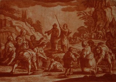 以色列人在收集吗哪，《圣经》中的插图，由Gabriel Bodeneer（1673-1766）雕刻（深褐色雕刻）。 作者 马陶斯二世（后）梅里安