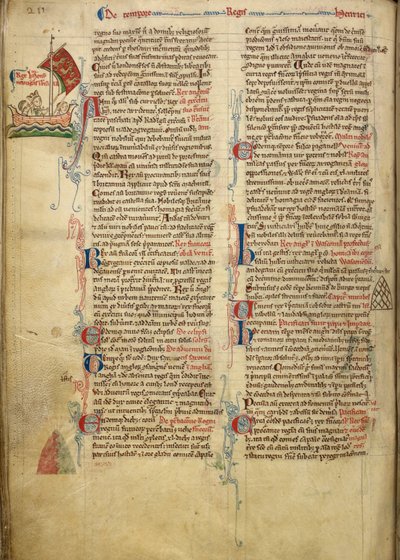 皇家 14 C. VII, f.116v 国王亨利三世横渡英吉利海峡前往布列塔尼的边饰图，部分文字由作者亲笔书写，插图选自《Historia Anglorum》。 作者 马修·巴黎