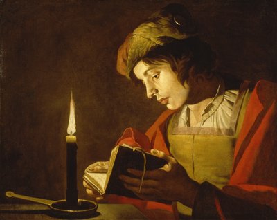 由蜡烛光的年轻人读书，c.1630 作者 马蒂亚斯·斯托默（Matthias Stomer）
