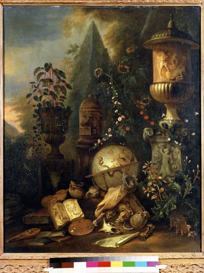 Vanitas，带花瓶的静物。马蒂亚斯-威瑟斯（Matthias Withoos，1627-1703 年）的作品。布面油画，83 x 67 厘米。17 世纪荷兰艺术。莫斯科普希金美术博物馆。 作者 马蒂亚斯·威斯（Matthias Withoos）