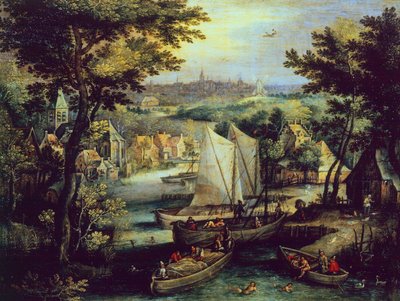 河流风景，马蒂斯-布里尔-杨格尔（1550-1583 年）的作品，铜面油画 作者 马蒂斯小布里尔
