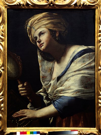 Vanite Woman with Turban and Mirror - Mattia Preti (1613-1699) 绘画，17 世纪佛罗伦萨，乌菲兹美术馆 作者 马蒂亚·普雷蒂（Mattia Preti）