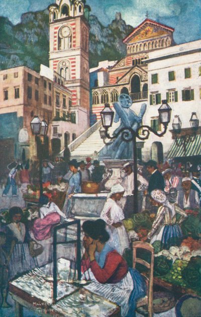 阿马尔菲，广场和大教堂（彩色石版画） 作者 莫里斯（后）格里芬哈根（Greiffenhagen）