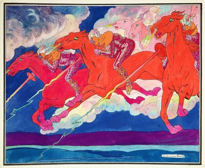阿提拉军团从天而降，c.1920（纸上水彩） 作者 莫里斯·伯蒂