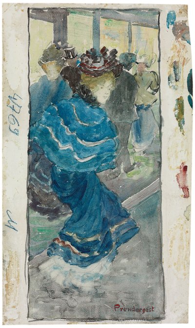穿着蓝色连衣裙的优雅女人，c.1893-94 作者 莫里斯·巴西·普伦德加斯特