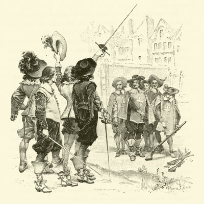 Illustration for The Three Musketeers (engraving) 作者 莫里斯·勒卢瓦（Maurice Leloir）
