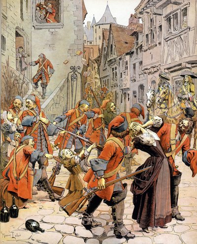 Les Dragonnades（1681-1685）：负责转化新教徒的龙的部队驱散了一个新教徒家庭。古斯塔夫-图特韦尔的《Le Roy Soleil》（路易十四）中的染色法，莫里斯-勒鲁尔（1853-1940）的插图 作者 莫里斯·勒卢瓦（Maurice Leloir）