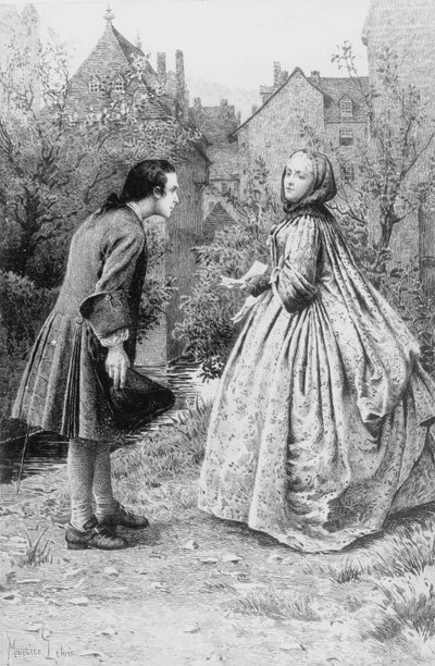 年轻的让-雅克-卢梭和未来的密友瓦伦斯夫人的会面，1728年3月21日（版画 作者 莫里斯·勒卢瓦（Maurice Leloir）