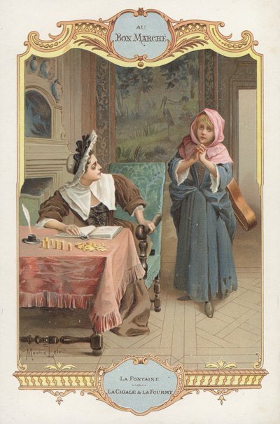 来自Jean de la Fontaines寓言的场景蝉和蚂蚁（蚂蚁和蚱蜢）（chromolitho） 作者 Maurice Leloir