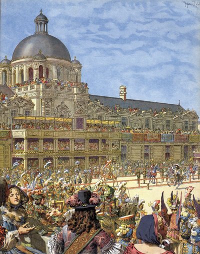1662年，路易十四时期在巴黎杜伊勒里宫前举行的皇家卡鲁塞尔（骑士比赛），被称为Le Roi-Soleil（苏莱尔国王或路易大帝）。 作者 莫里斯·勒卢瓦（Maurice Leloir）