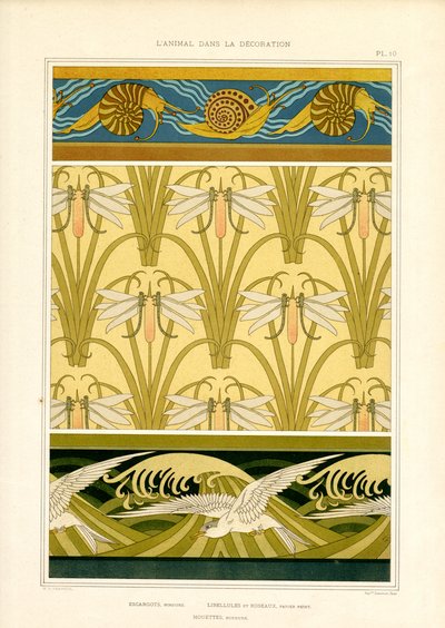 海洋动物、蜻蜓和海鸥的边框和表面图案（平版） 作者 Maurice Pillard Verneuil