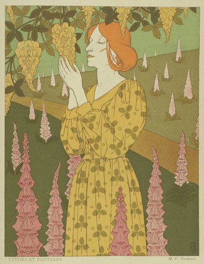 Cytises and Digitales - Woman with Wisteria and Foxgloves（彩色石版画） 作者 Maurice Pillard Verneuil