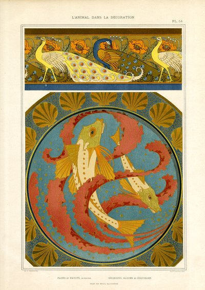 景泰蓝风格的鱼和孔雀装饰边框（石版画） 作者 Maurice Pillard Verneuil