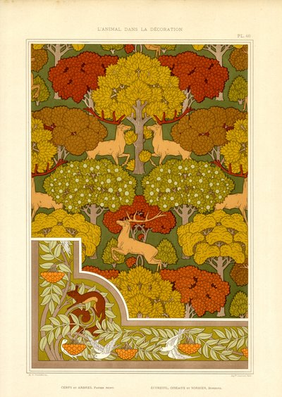 鹿和树木的森林装饰图案（石版印刷） 作者 莫里斯·皮拉德·维尔纽尔