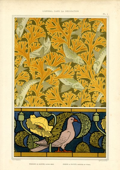 装饰性自然凝结物中的鱼和鸽子图案（石版画） 作者 莫里斯·皮拉德·维尔纽尔