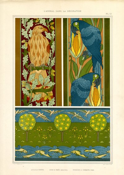 鹰、鹦鹉和景观门楣装饰边框（石版印刷） 作者 Maurice Pillard Verneuil