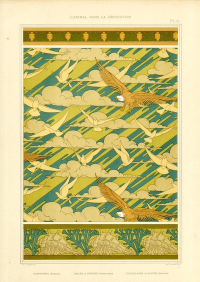 有老鹰和鸽子的装饰性构图（石版画） 作者 莫里斯·皮拉德·维尔纽尔