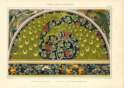 孔雀和兔子图案作为新艺术派的装饰性构图（石版画） 作者 Maurice Pillard Verneuil
