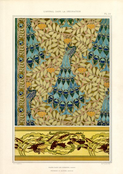 新艺术装饰中的孔雀和鱼（石版印刷） 作者 莫里斯·皮拉德·维尔纽尔