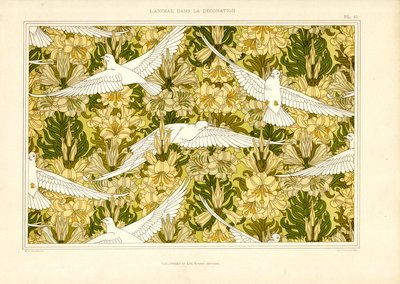 白色鸽子和百合花纺织图案（石版印刷） 作者 莫里斯·皮拉德·维尔纽尔