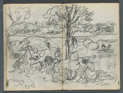 素描本，《戴尔斯》，第 127 期，第 116 和 117 页：风景中的人物 作者 莫里斯·普伦德加斯特